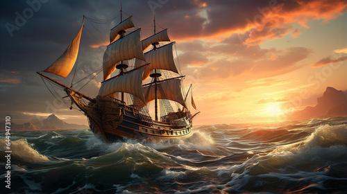 Fotografiet Sailing Ship At Sunset