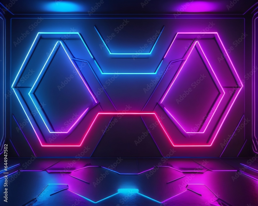 Empty dark room with neon lights background concept made with Generative AI Empty dark room with neon lights background concept made with Generative AI