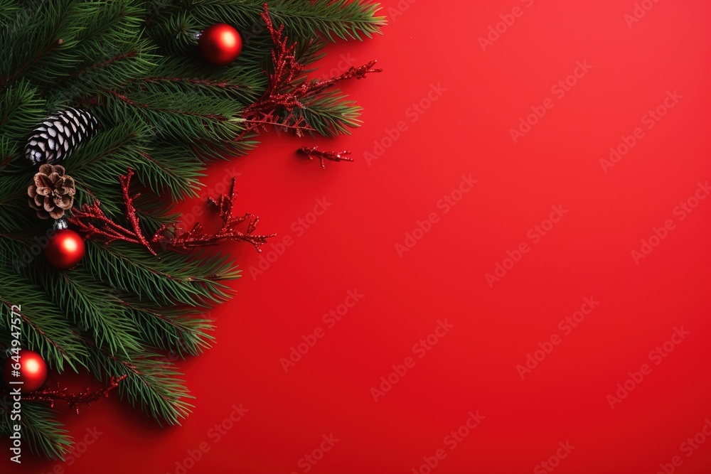 Christmas background with fir branches, cones and gift box on red background.Generative Ai Christmas background with fir branches, cones and gift box on red background.Generative Ai
