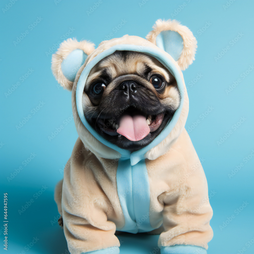 pug wearing a fluffy teddy bear