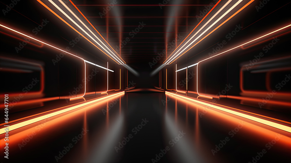 Futuristic Sci Fi Cyber Neon Laser White White Orange Lights Metal Stripe Glossy Barn Garage Studio Showroom Tunnel Corridor Underground Concrete Warehouse Room 3D Rendering