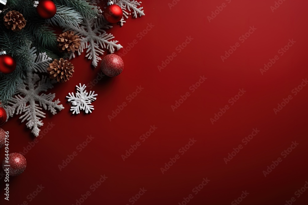 Christmas background with fir branches, cones and gift box on red background.Generative Ai Christmas background with fir branches, cones and gift box on red background.Generative Ai