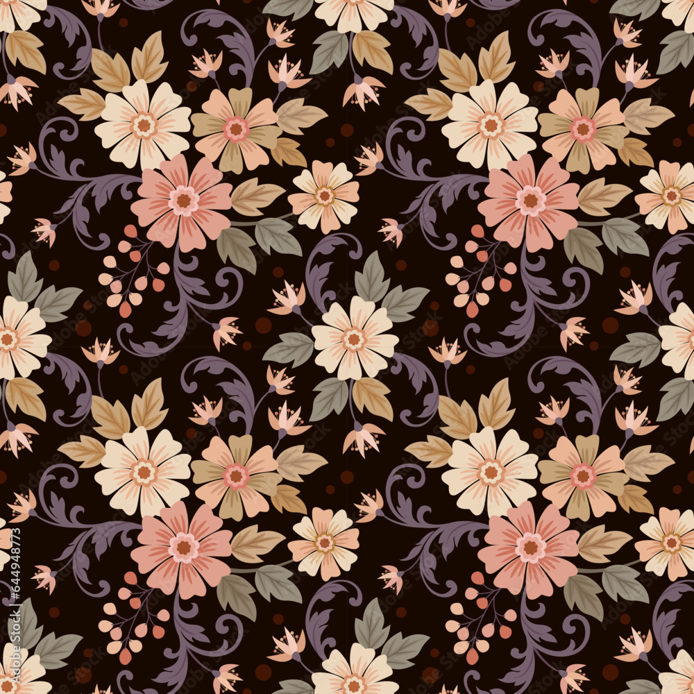 Beautiful blooming  flowers ornament design with leaf on dark brown color background seamless pattern for fabric textile wallpaper.