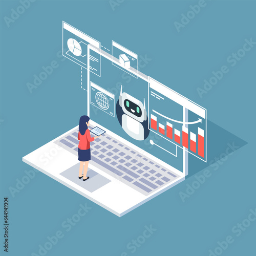 Businesswoman working with chatbot assistant on computer. Artificial intelligence help service for management business data. Chat bot by ai. Vector illustration flat design for banner, and background.