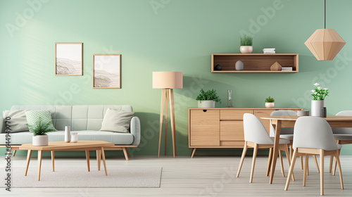 Mint color chairs at round wooden dining table in room with sofa and cabinet near green wall. Scandinavian, mid-century home interior design of modern living room. © Ziyan Yang