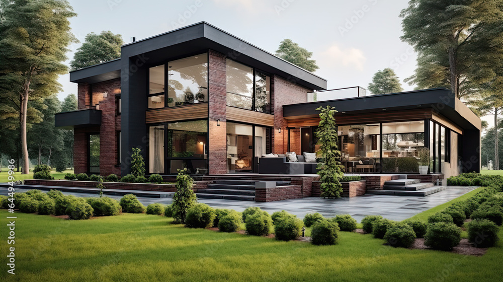 modern brick house with large windows, green lawn, cottage town