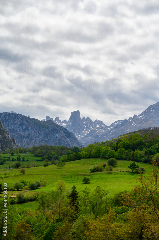 View on Naranjo de Bulnes or Picu Urriellu,  limestone peak dating from Paleozoic Era, located in Macizo Central region of Picos de Europa, mountain range in  Asturias, Spain