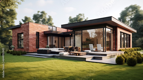 modern brick house with large windows, green lawn, cottage town © Ziyan Yang