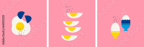 Eggs. Set of three banners healthy breakfast. Fried egg, hard boiled egg, soft boiled egg. Morning poster. Flat trendy abstract style. Still life.  Scandinavian design. All elements are isolated.