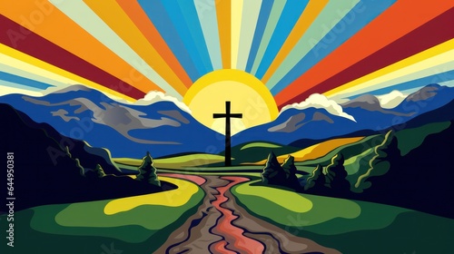 pop art style of sun shine through, illuminating the cross