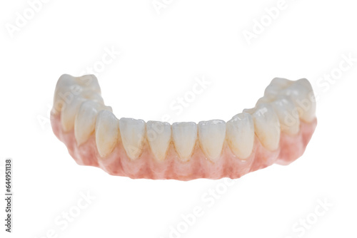 Dental health care. Ceramic zirconium in final version. Close up dental prosthesis on zirconium oxide implants, isolated on white photo