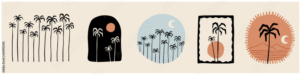 Vector hand drawn palms illustration, hippie boho palm tree surfer style doodle set
