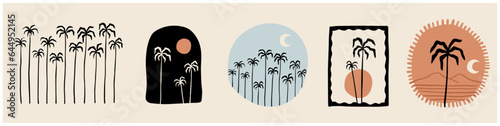 Vector hand drawn palms illustration, hippie boho palm tree surfer style doodle set
 photo