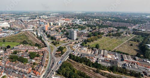 Aerial panorama view of Doncaster cityscape skyline with road and rail transport
