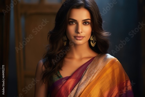 Bollywood actress in a vibrant saree amidst a minimalist backdrop - Contrast in cultural fashion - AI Generated © Arthur