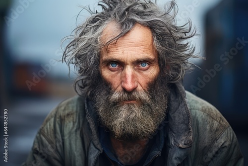 Homeless man with a weathered face against a soft color background - Raw humanity - AI Generated
