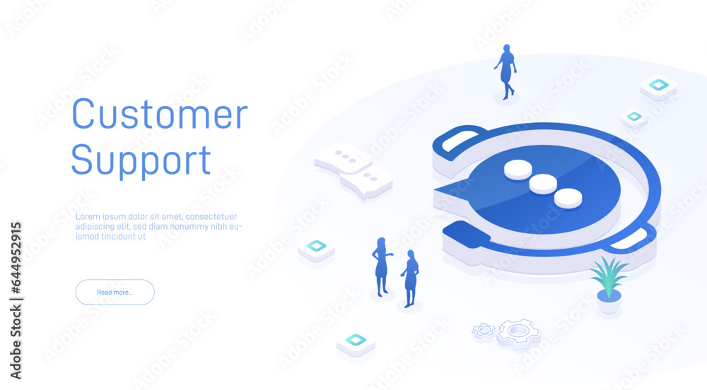 Support service concept or call center in isometric vector illustration. 24-7 round the clock or nonstop customer support background. Mobile self-service layout template for web banner.