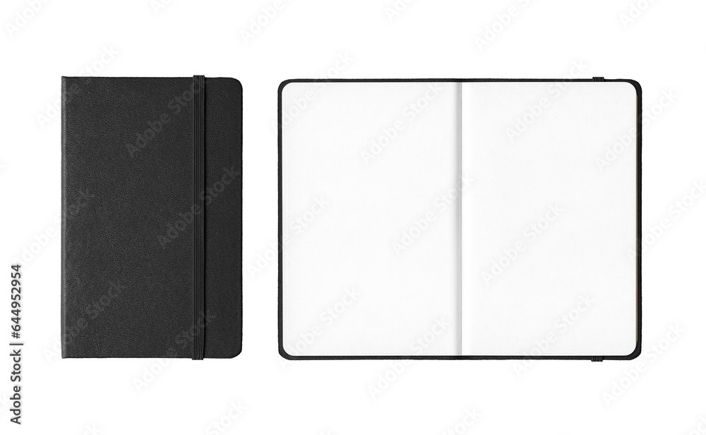 Black closed and open notebooks isolated on transparent background - obrazy, fototapety, plakaty 