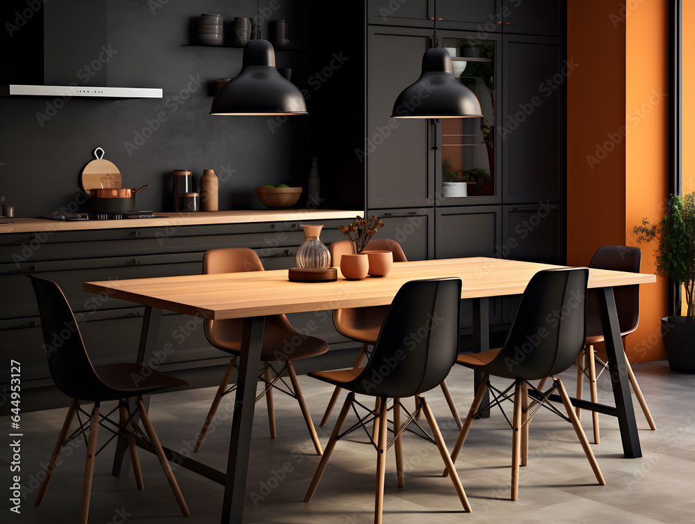 Modern Kitchen In Luxury Home. Modern kitchen with black furniture. Modern Kitchen In Luxury Home. Modern kitchen with black furniture.