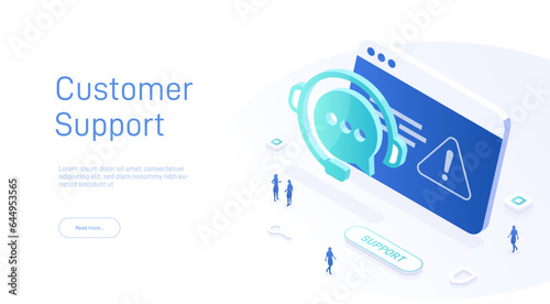 Support service concept or call center in isometric vector illustration. 24-7 round the clock or nonstop customer support background. Mobile self-service layout template for web banner.