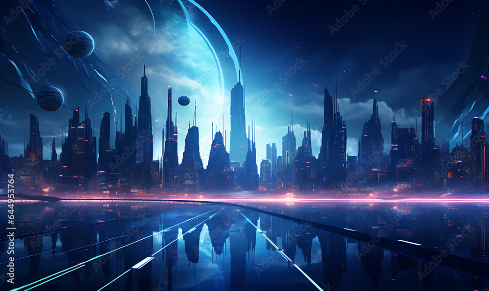 Illustration design concept of futuristic city background with moon and planet on the sky in middle night