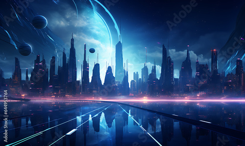 Illustration design concept of futuristic city background with moon and planet on the sky in middle night