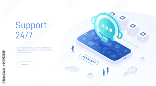 Support service concept or call center in isometric vector illustration. 24-7 round the clock or nonstop customer support background. Mobile self-service layout template for web banner.