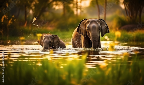 Parent and son elephant at the stream in jungle. © ZayNyi
