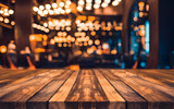 Empty wooden table in front of blurred restaurant background with bokeh lights.
