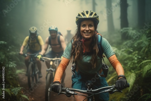 Smiling young woman in cycling gear riding her mountain bike with friends in a misty forest 