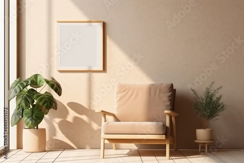 Blank wooden picture frame mockup on wall in light living room interior. Generative AI
