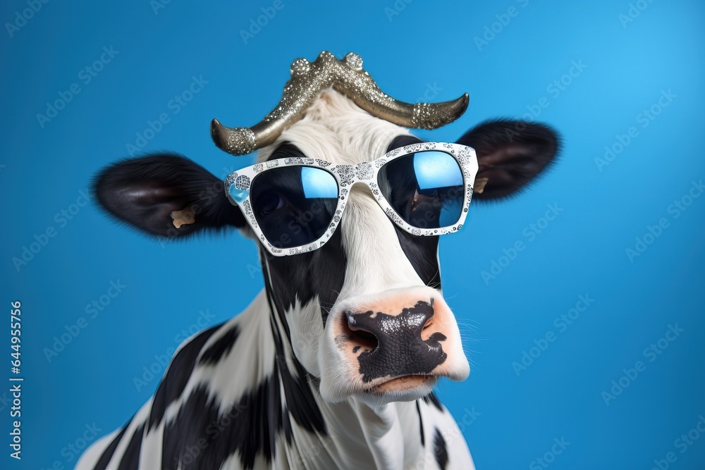Funny cow with sunglasses in front of blue background, concept of humor and quirkiness, surreal animal portrait Funny cow with sunglasses in front of blue background, concept of humor and quirkiness, surreal animal portrait