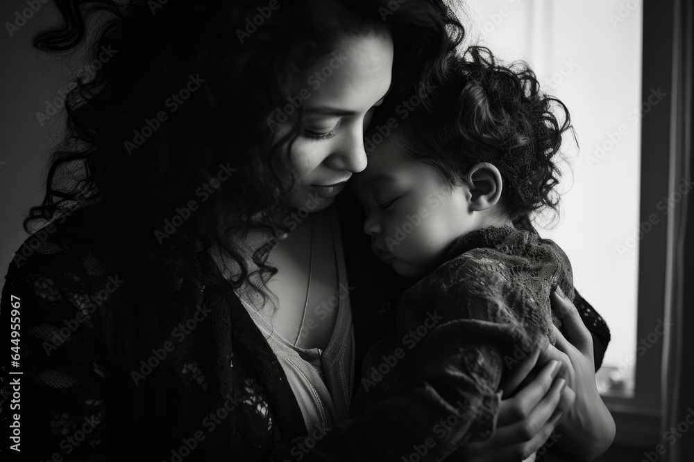 black and white photograph of mother with child. black and white photograph of mother with child.