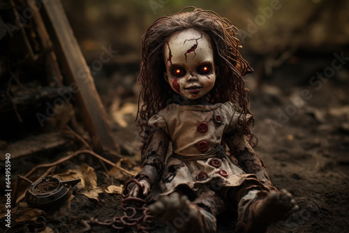 Creepy old zombie doll with red eyes Halloween background