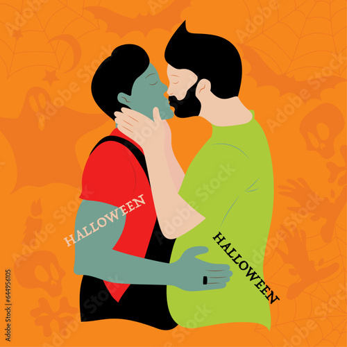 Halloween Male gay couple in love celebrating Halloween in costumes. Interracial homosexual couple.Two happy men hugging, smiling celebrating Halloween.