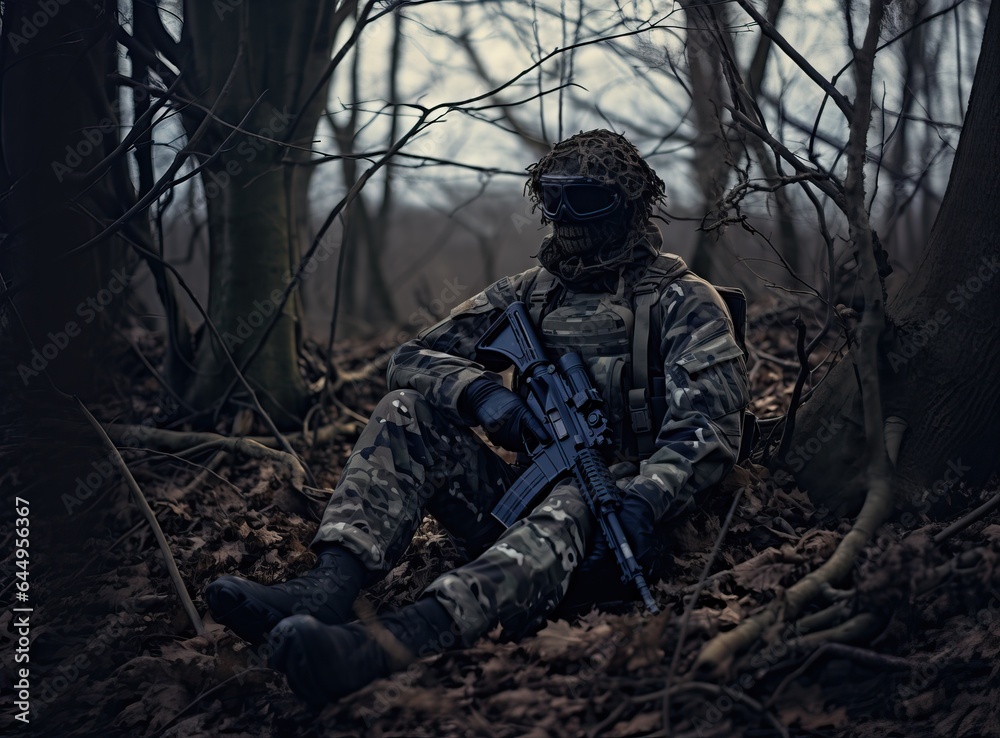 A soldier is in full camouflage at the battlefield area, hunter
