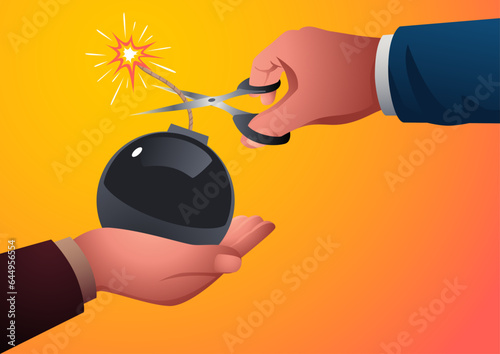 Businessman cuts the fuse of a bomb held by his friend using scissors. Depiction of quick thinking, problem resolution, collaboration, crisis management, and trust in high stakes situations