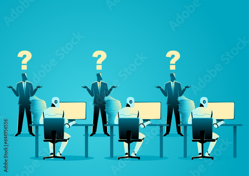 Businessmen in a state of confusion as artificial intelligence takes over their job roles. Symbolises the challenges and adjustments in the modern workforce due to technological advancements