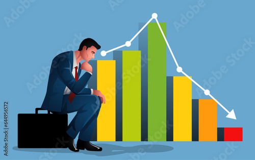 Pensive businessman seated upon a briefcase, deeply contemplating a decreasing graph. Depiction of analytical thinking, problem-solving, reflection, strategy, and navigating business challenges