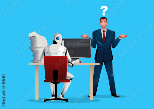 Businessman in a state of confusion as artificial intelligence takes over his job roles. Symbolizes the challenges and adjustments in the modern workforce due to technological advancements