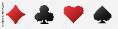 Set collection gambling sign symbol of playing card suits and chip or token for poker and casino. Hearts, clubs, diamonds and spades on an isolated white background.