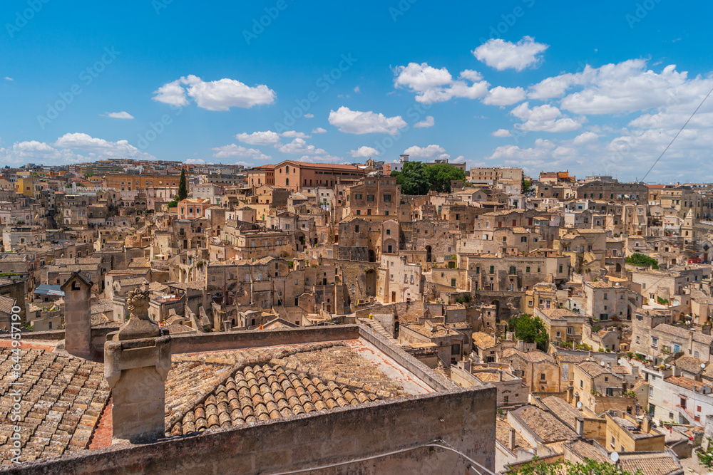 View of the old stone town of Matera, Italy. Cityscape on a summer day.