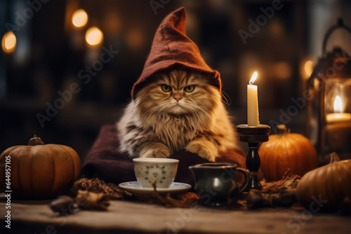 Photo Halloween cat in witchy hat, coffee, pumpkins and burning candles