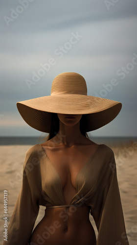 Beach Portrait of sexy woman with large straw hat covering her face in moody scenery