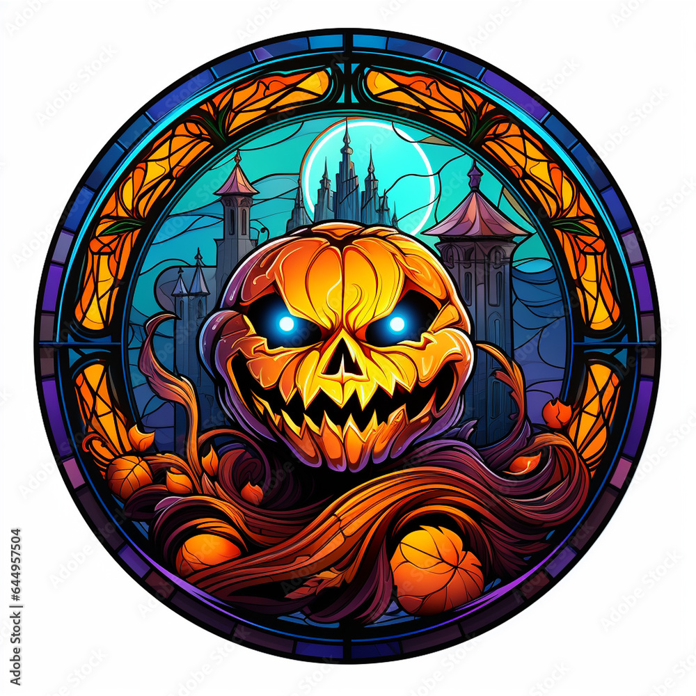 Colorful round stained glass Halloween window with pumpkin, cartoon, illustration on white background, AI generated