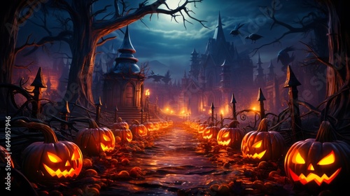 Experience Halloween’s eerie allure with a lit path to a castle, witch’s hut, and a secluded lit pumpkin. © Dougie C