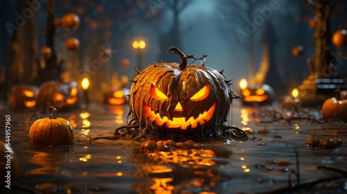 Amidst a flooded forest, glowing jack-o'-lanterns cast an eerie light. One sits in a puddle, creating a haunting reflection. Generative AI