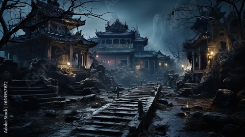 An old Chinese-style haunted house on Halloween night