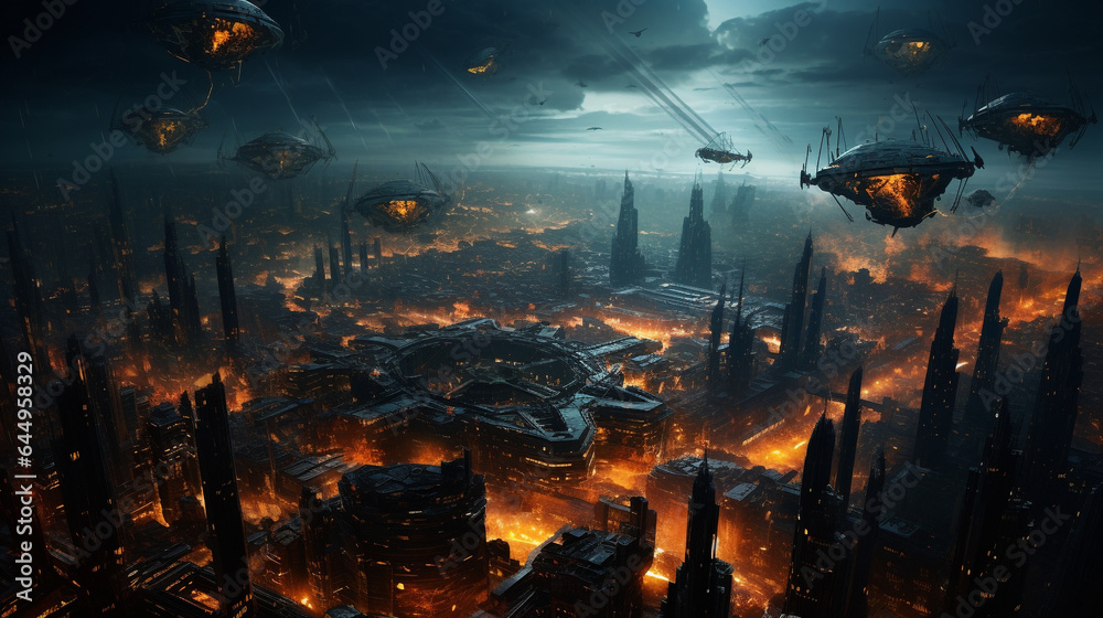 Sci-fi scene of the creature machine invading city painting