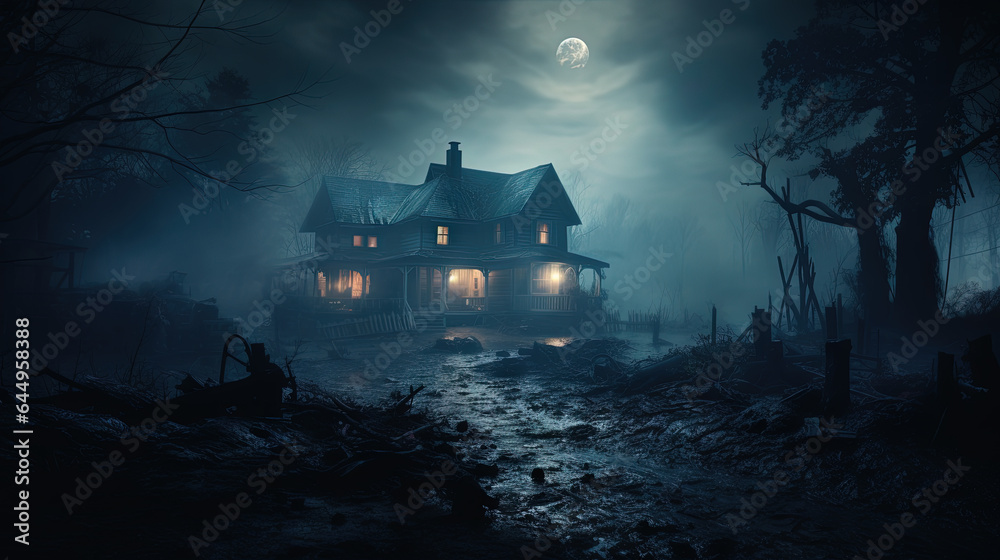 A very dark mystical house with lights in the light of the full moon on Halloween night A very dark mystical house with lights in the light of the full moon on Halloween night